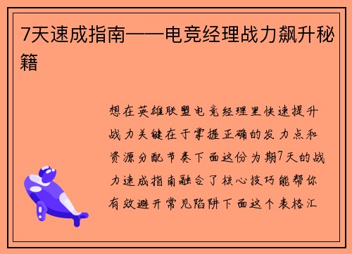 7天速成指南——电竞经理战力飙升秘籍